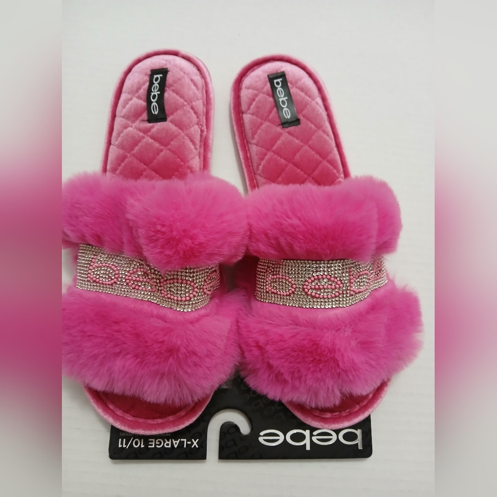 Bebe Crystal Sparkle Hot Pink Fur Quilted Slippers Barbiecore Y2K Bling X 10-11